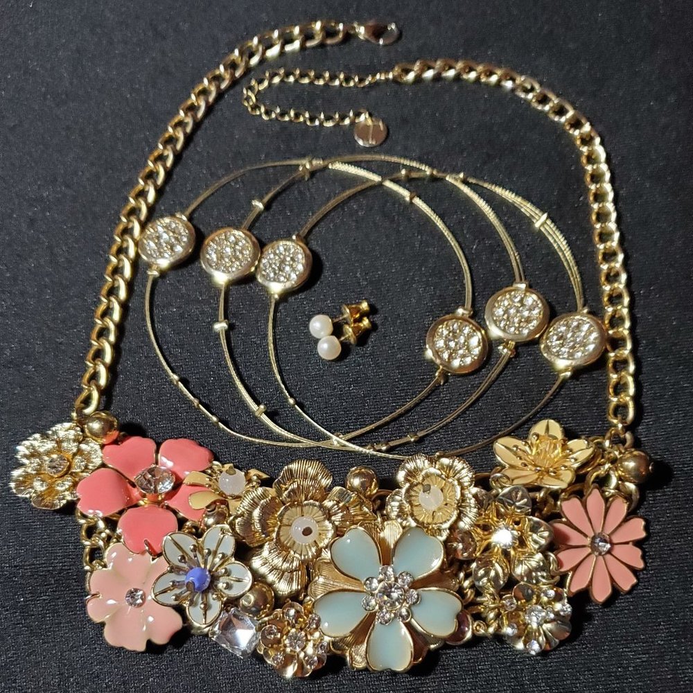 Talbots statement necklace. Dainty rhinestone bracelets, faux pearl earrings